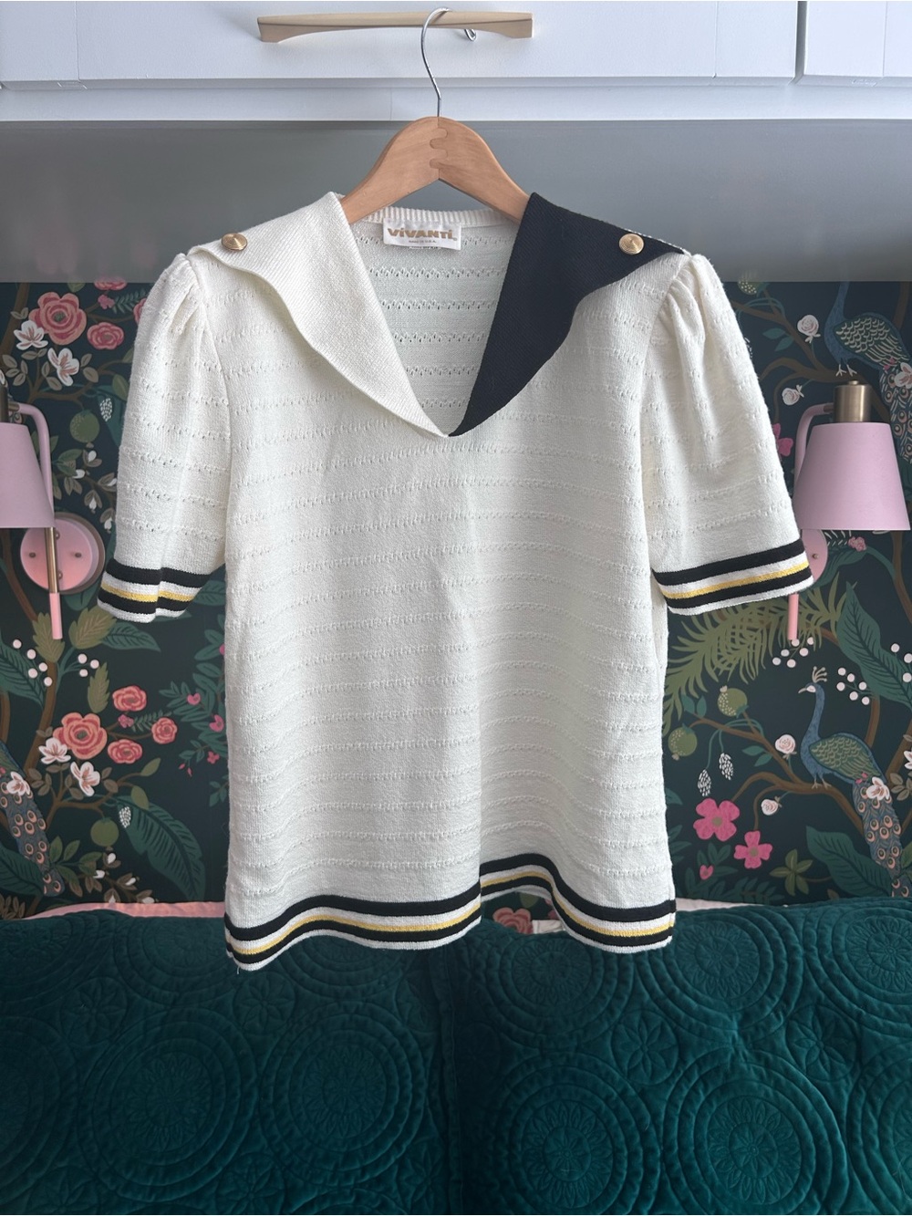 Vintage Vivanti Knit Polo Top: White Openwork, Split Collar, Gold Buttons (1970s